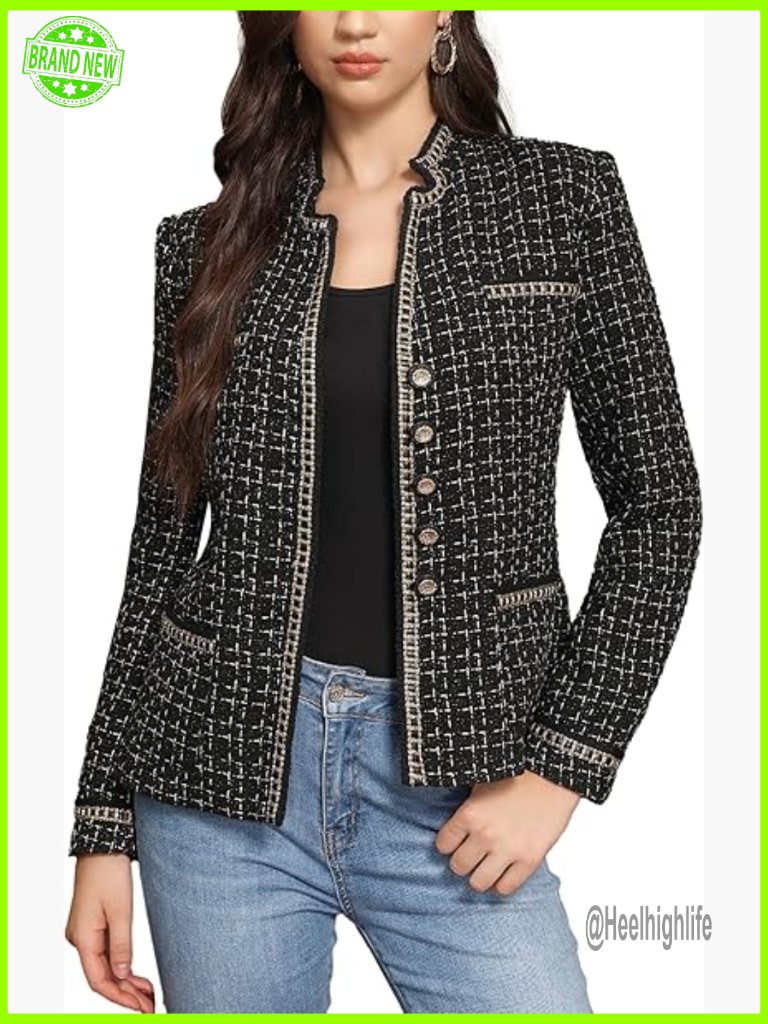 Women's Tailored Tweed Blazer Long Sleeve Stand Collar Office Jacket